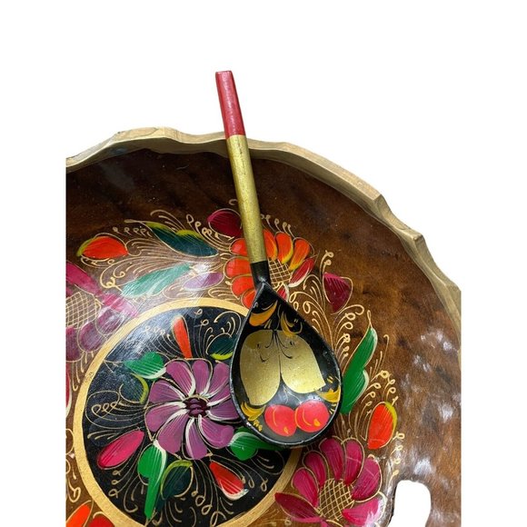 Vtg Russian Wooden Bowl Spoon Set Hand Painted USSR Khokhloma Tray Floral Fruit - Picture 5 of 8